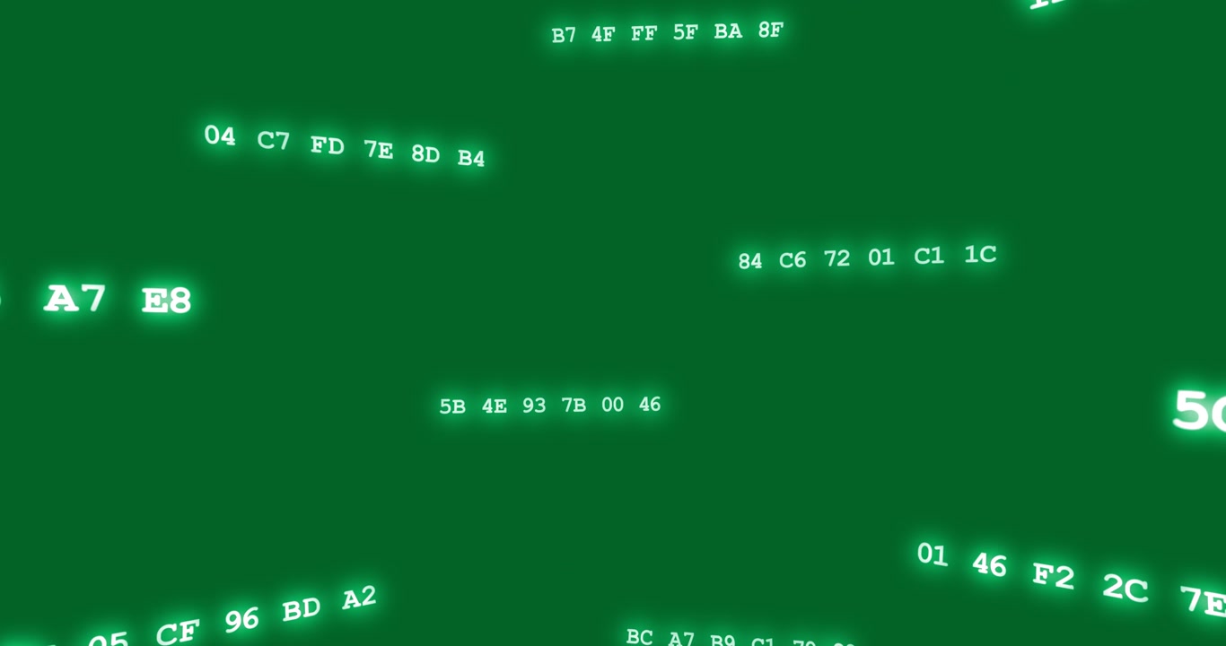 Byte esadecimali al neon che appaiono dagli angoli, si muovono, sbocciano e ruotano, mostrando un flusso di dati su trasparente