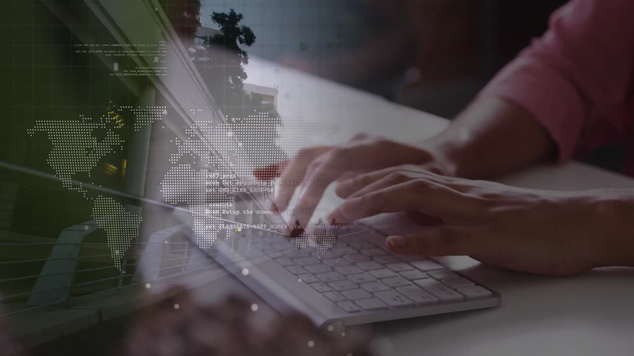 Animation of biracial businesswoman using computer over data processing and cityscape