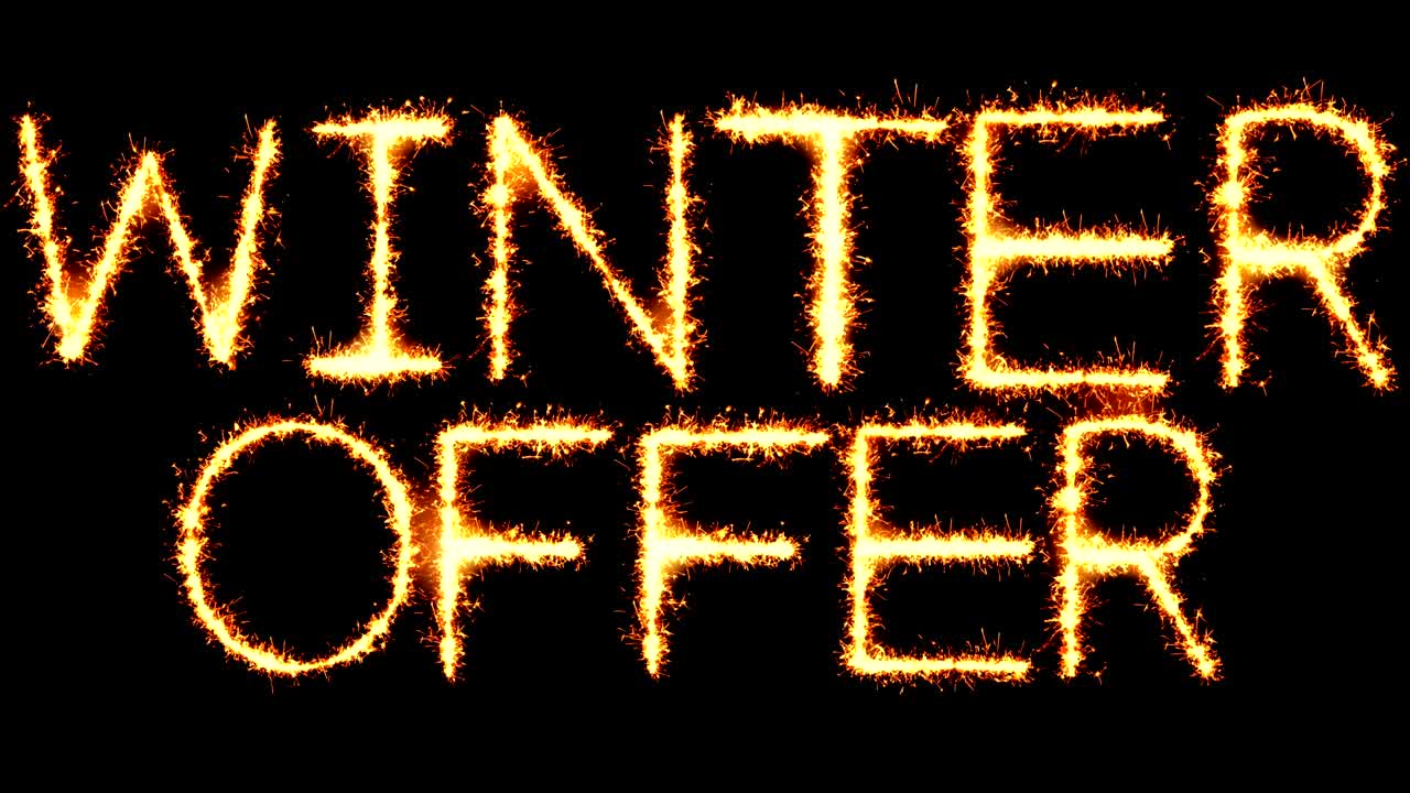 el texto de la oferta de invierno chispas brillantes chispas de fuego bucle de animación