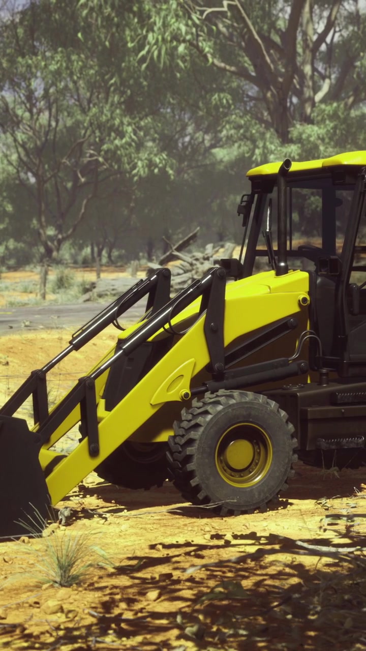 Excavator works in dirt at construction site in bright sunny weather