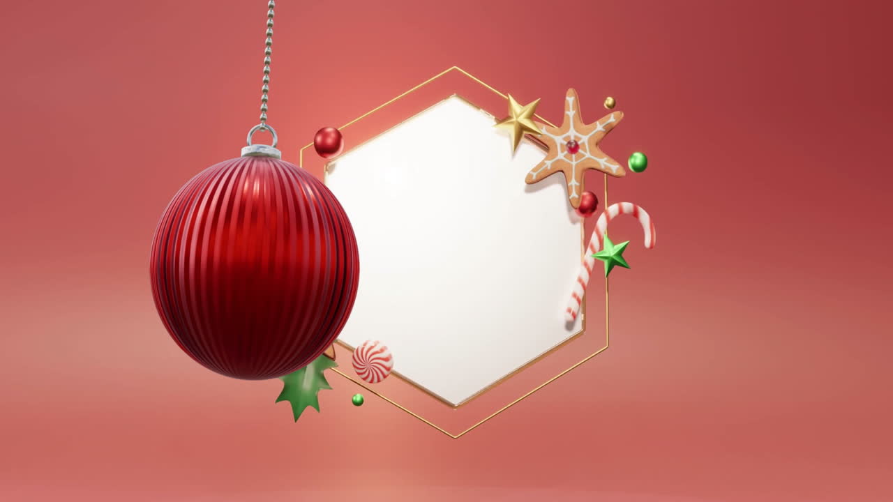 Animation of red bauble bell decoration over hexagon with copy space christmas decorations