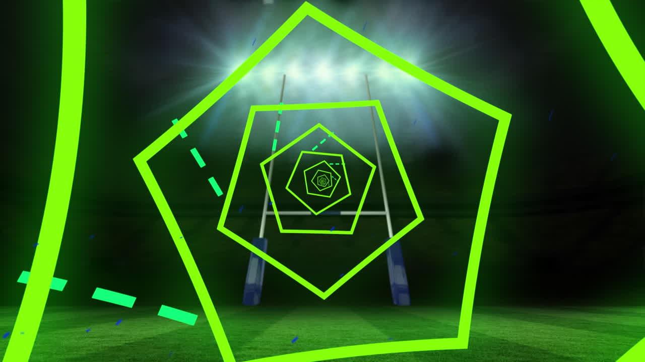 Animacja świecącej zielonej spirali i linii nad bramką do rugby na oświetlonym boisku.