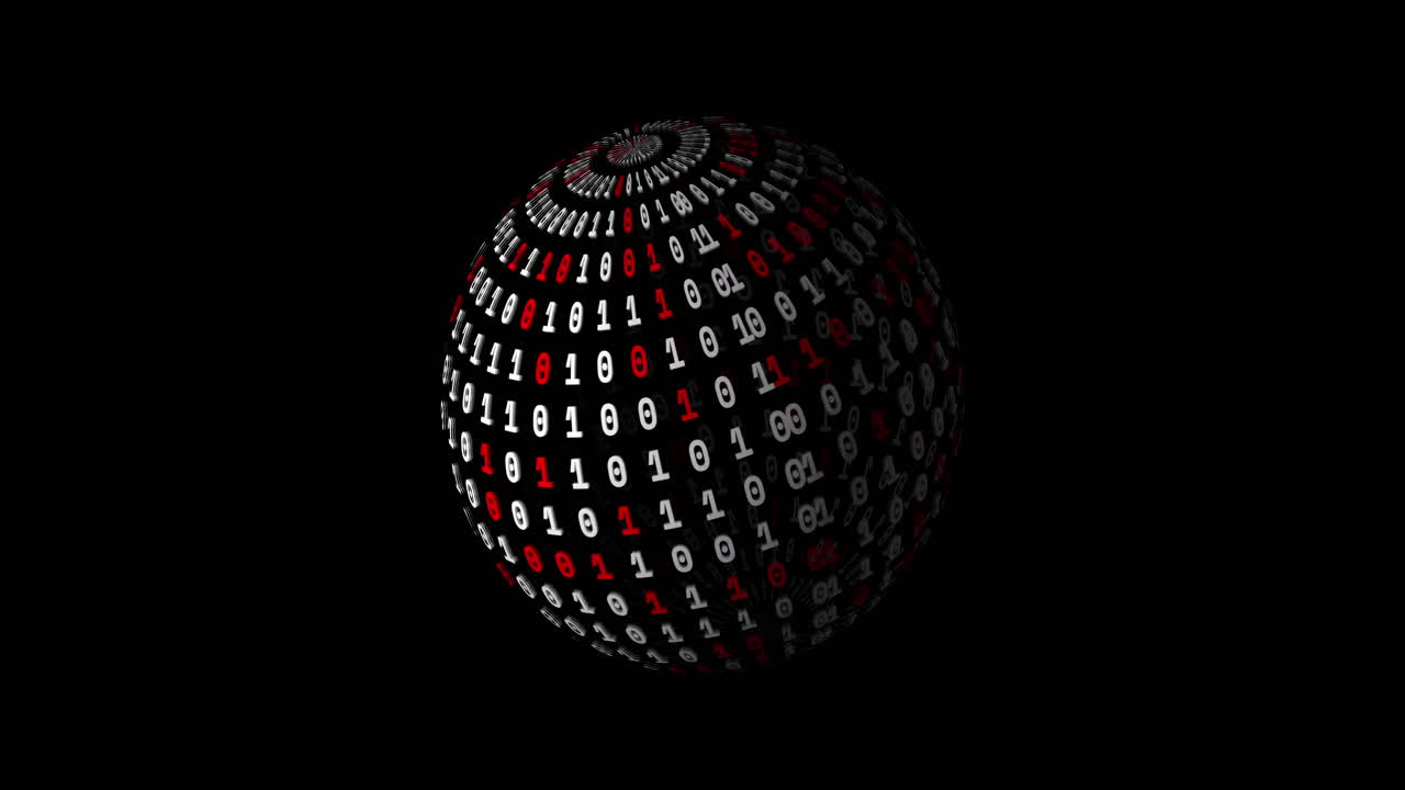 Animation of globe with binary coding spinning on black background