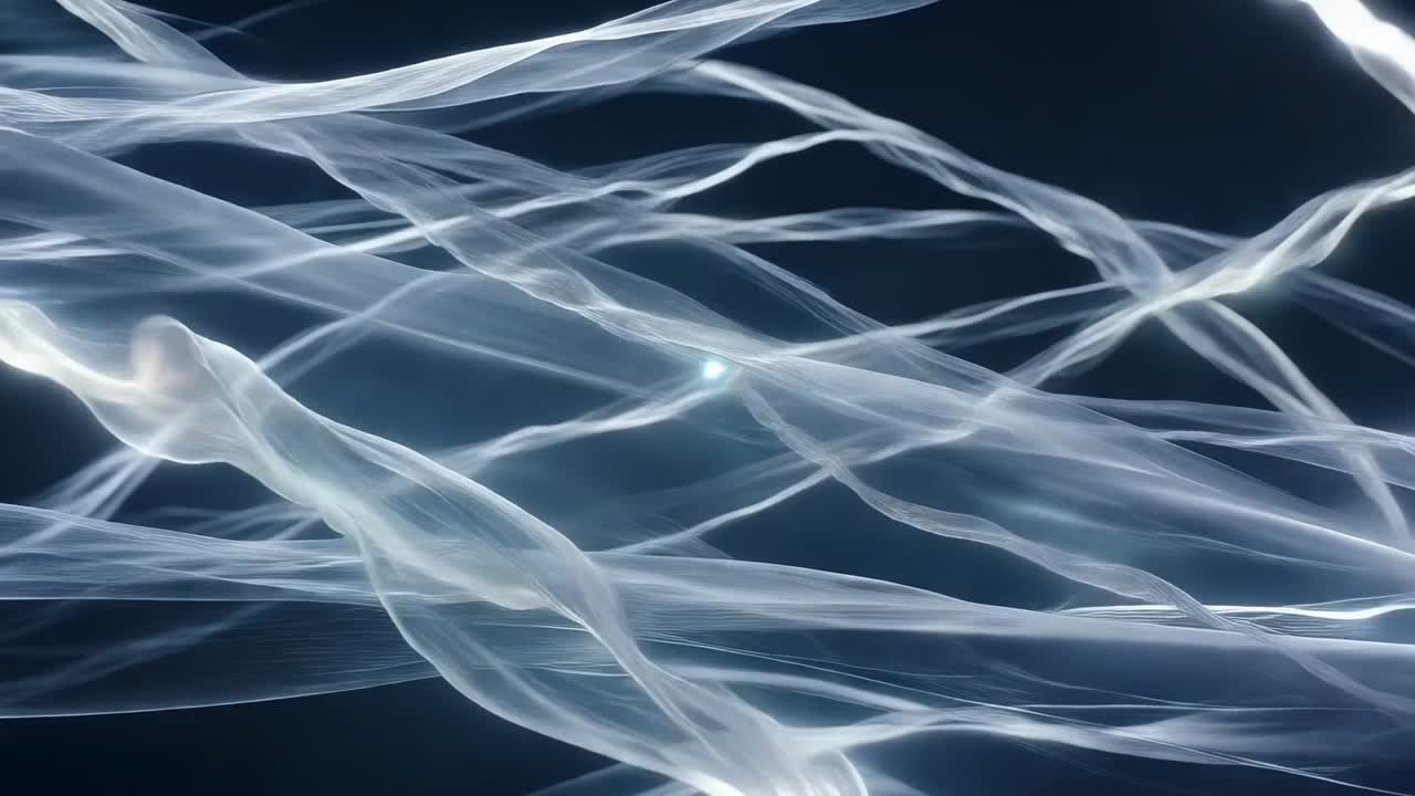 Drifting silky filaments rippling in deep blue-black void, camera zooming causing lit nodes pulsing