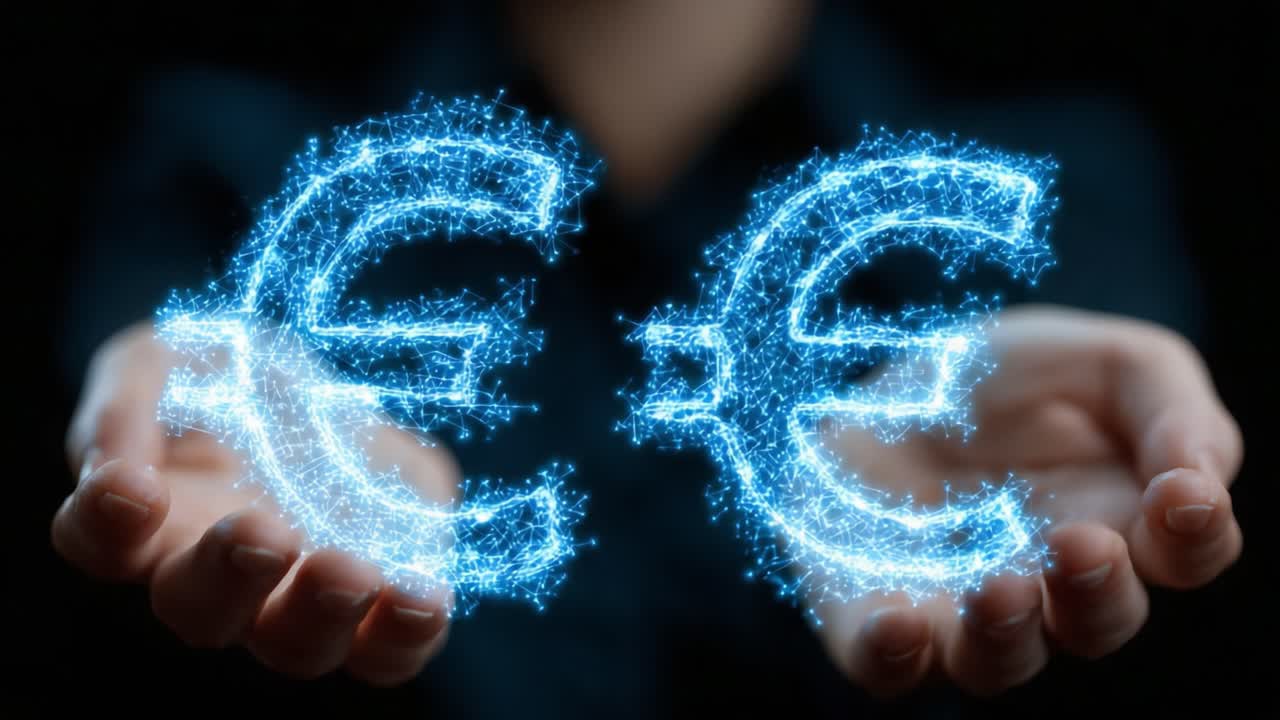 A Stunning Display of Digital Currency Symbols in the Hands of a Person, Highlighting the Future of Finance and Technology with Sparkling Effects