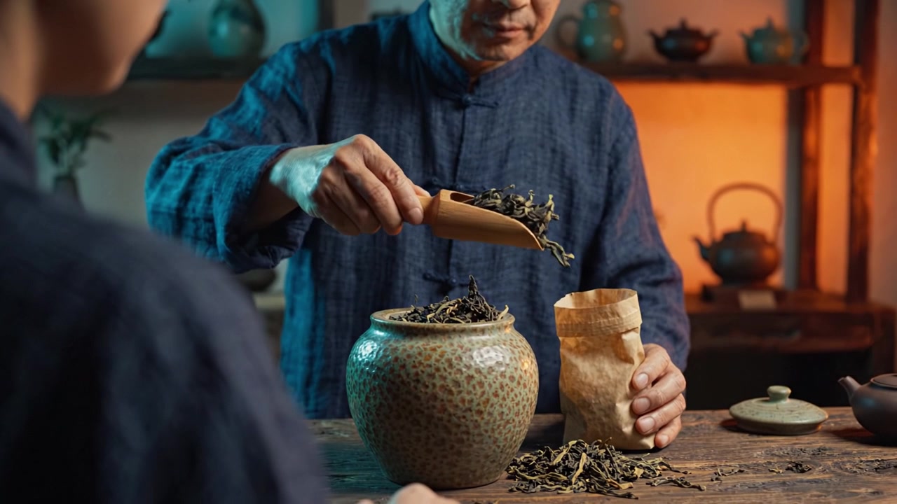 Chế biến hỗn hợp thảo mộc: Một nghệ nhân lành nghề cẩn thận chuẩn bị nguyên liệu tự nhiên trong một không gian truyền thống, tập trung vào trà thơm và các bài thuốc tự nhiên