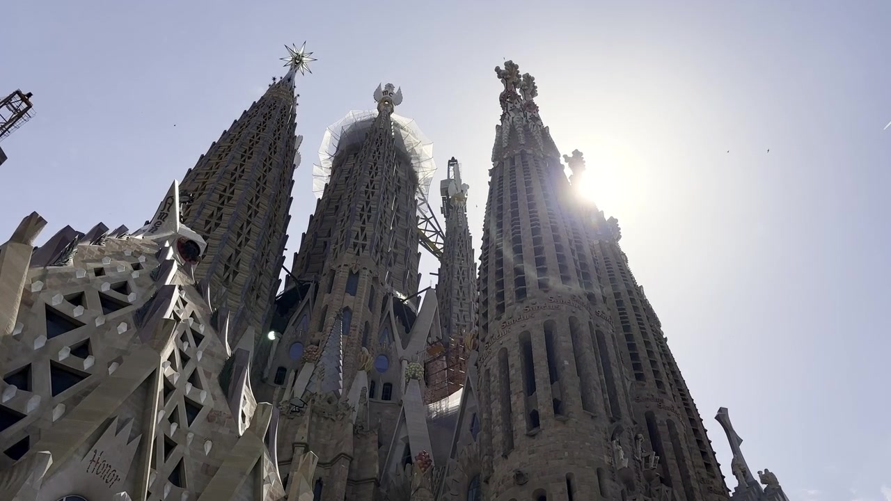 Le torri della Sagrada Familia riprese dal basso con uccelli in volo mentre il sole fa capolino.