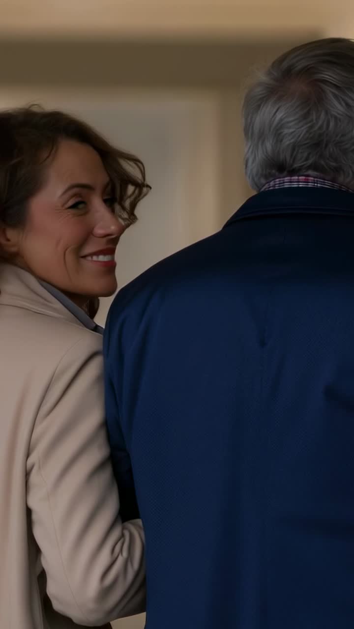 Video verticale: coppia che cammina a braccetto in un corridoio, la camera riprende una donna sorridente con un cappotto beige