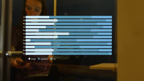 animation of graphs over caucsasian woman using laptop