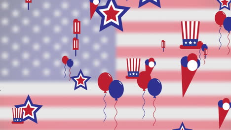 animation of stars, balloons and top hats over flag of united states of america background