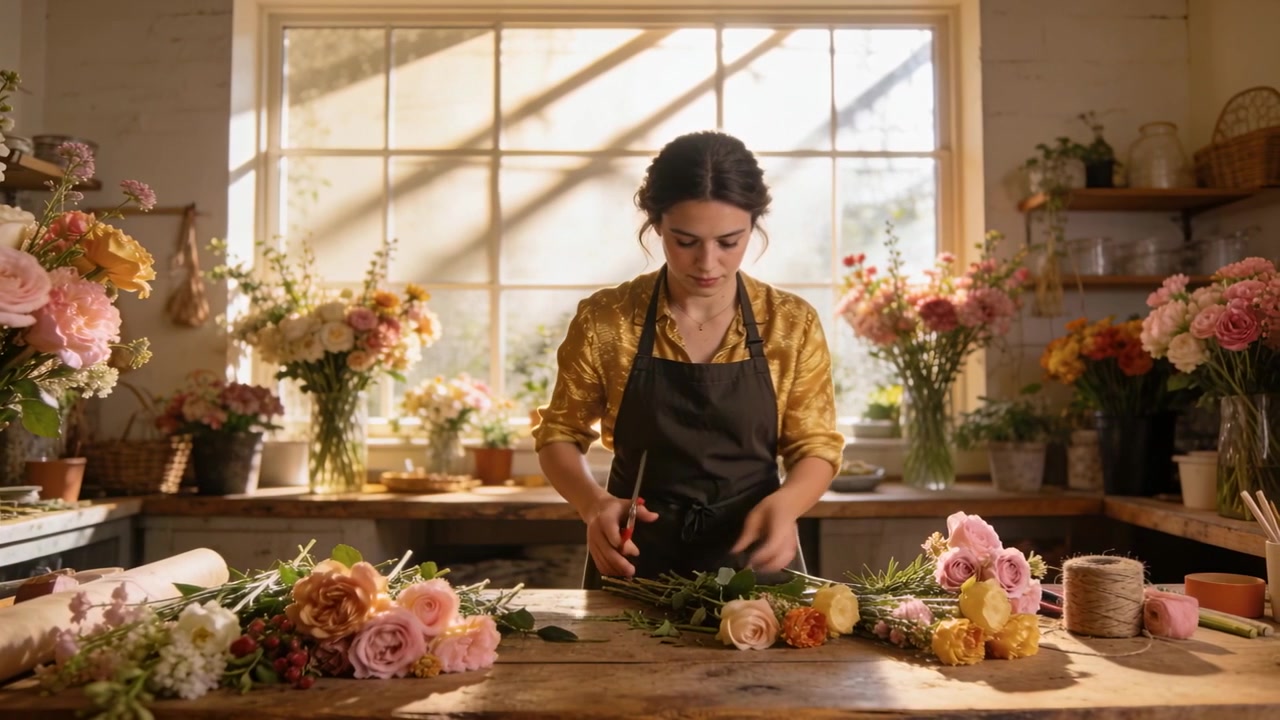 Väljer stjälkar, florist trimmar och arrangerar till en bukett på en solig bänk med sekatör i senapsgul topp.