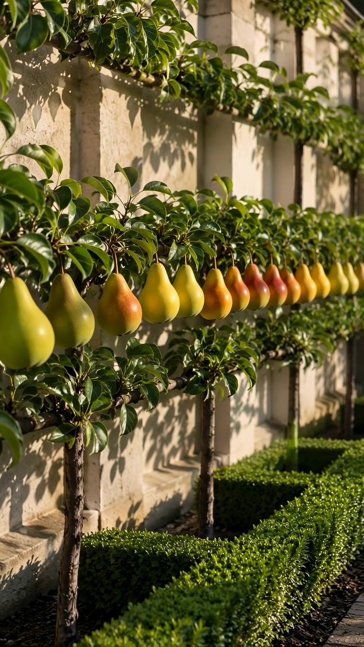 Giardino formale illuminato dal sole con peri addestrati accanto a un muro di pietra chiara, rami carichi di pere in fase verde, gialla e rosata, con siepi potate, foglie lucide e raffinata simmetria della tenuta