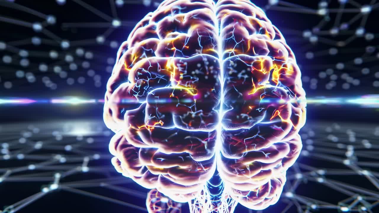 Futuristic video concept of a glowing brain with neural connections, captured from a side angle