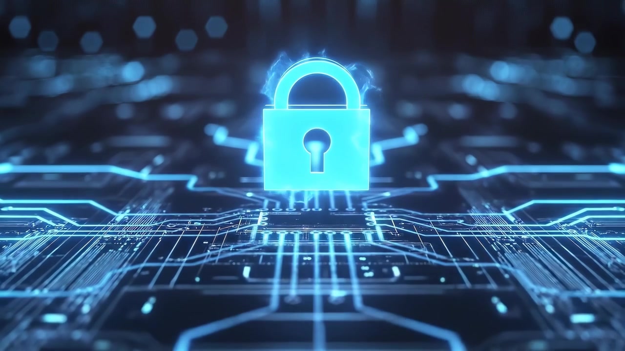 Glowing Digital Padlock Icon on Futuristic Circuit Board