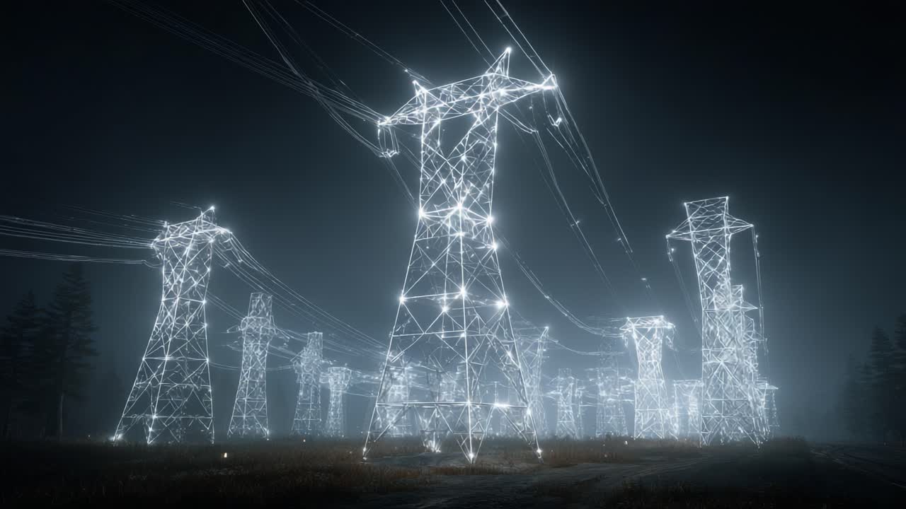 Illuminated Power Lines: A Stunning Display of Energy Transmission Towers in a Mystical, Gloomy Environment with Striking Brightness and Connectivity