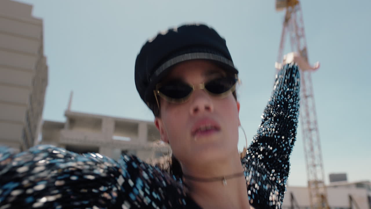 댄서 여성 라틴 댄스가 옥상에서 아름다운 브라질 여성이 도시에서 춤을 추고 있습니다.