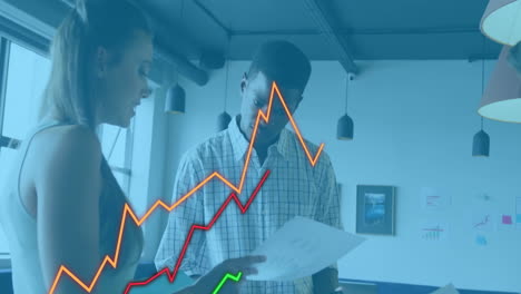 animation of financial data processing over diverse colleagues discussing work in office