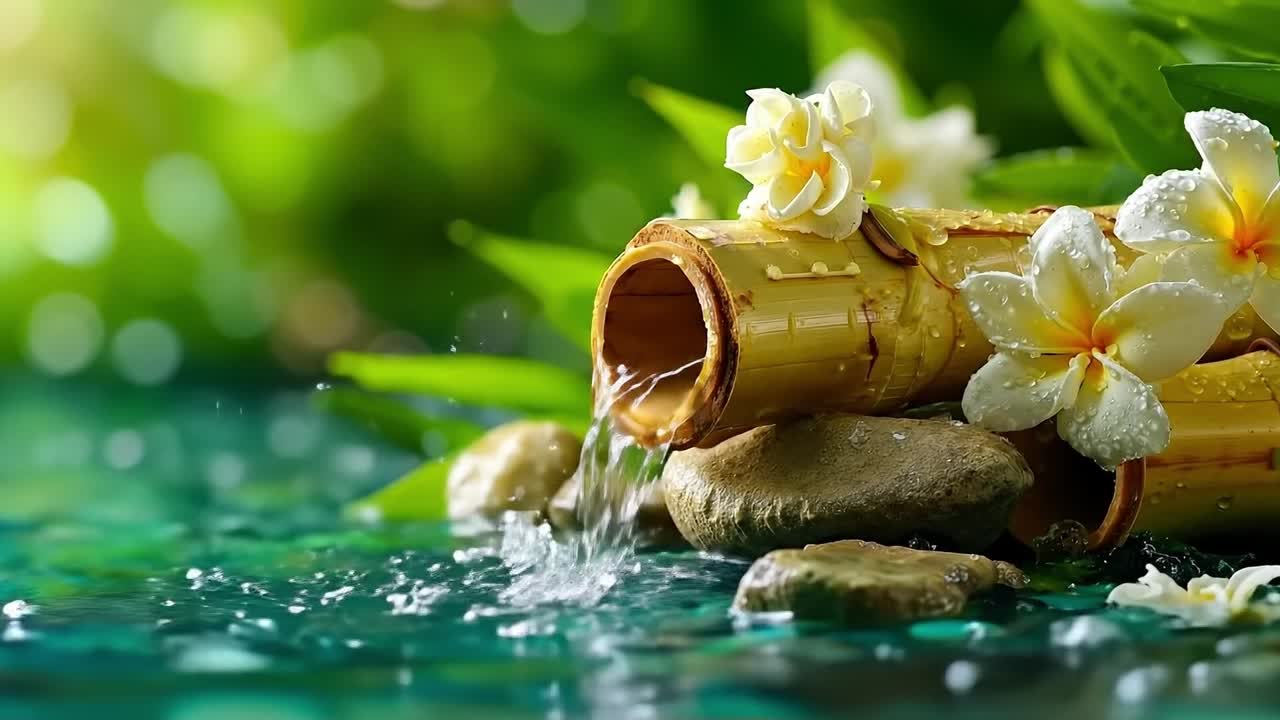 A bamboo tube with water pouring out of it next to some flowers