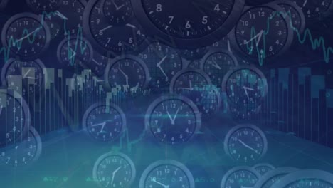 Animation-of-stock-market-graphs-over-floating-clocks