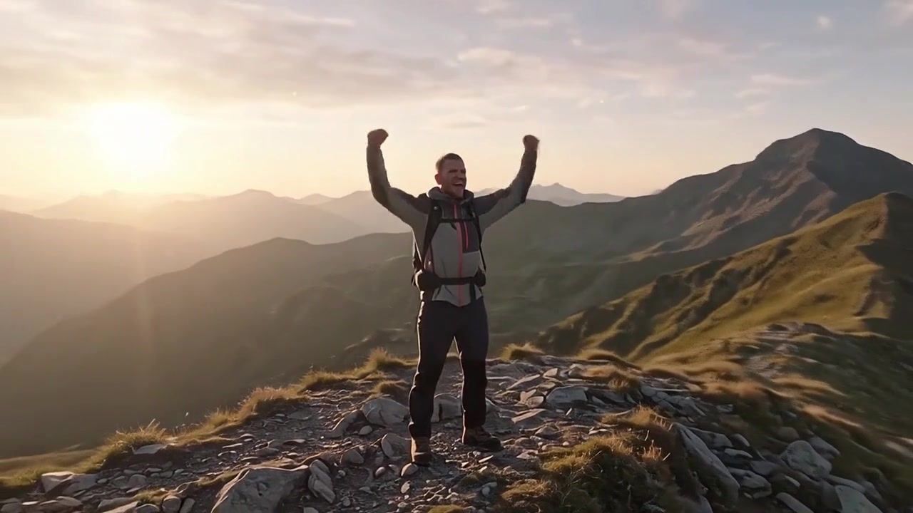 Hiker Reaching Mountain Summit at Sunset