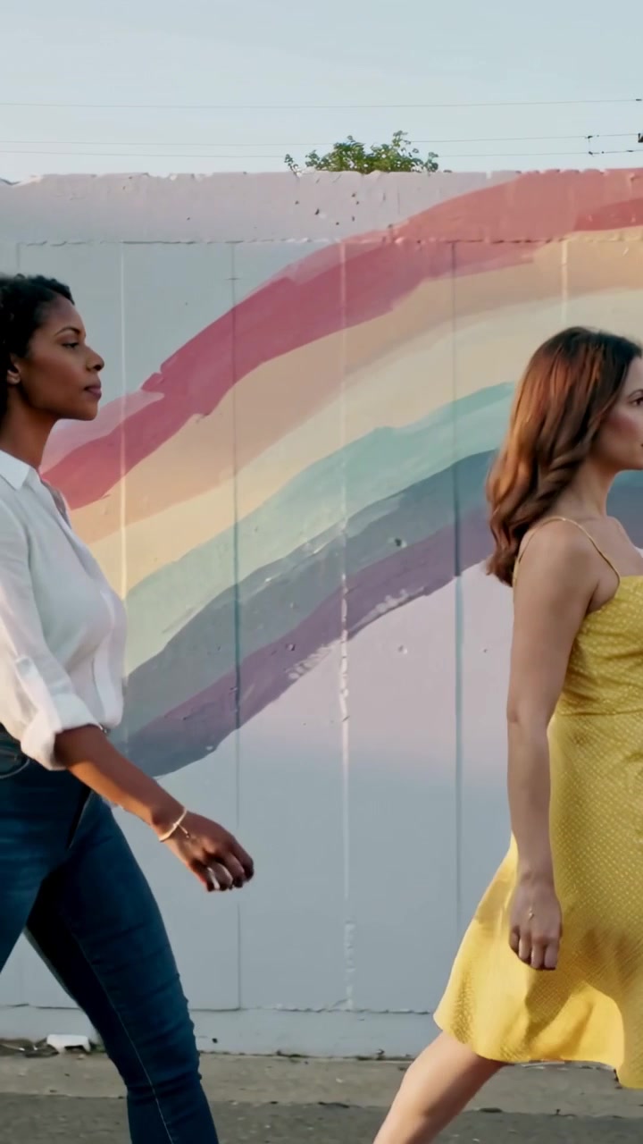 Vertical video: Entering frame duo walking right to exit past rainbow mural on curb, lead in yellow