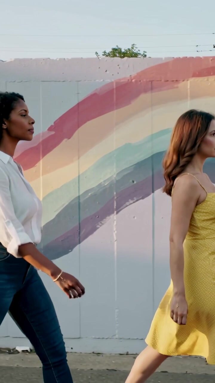 Vertical video: Entering frame duo walking right to exit past rainbow mural on curb, lead in yellow