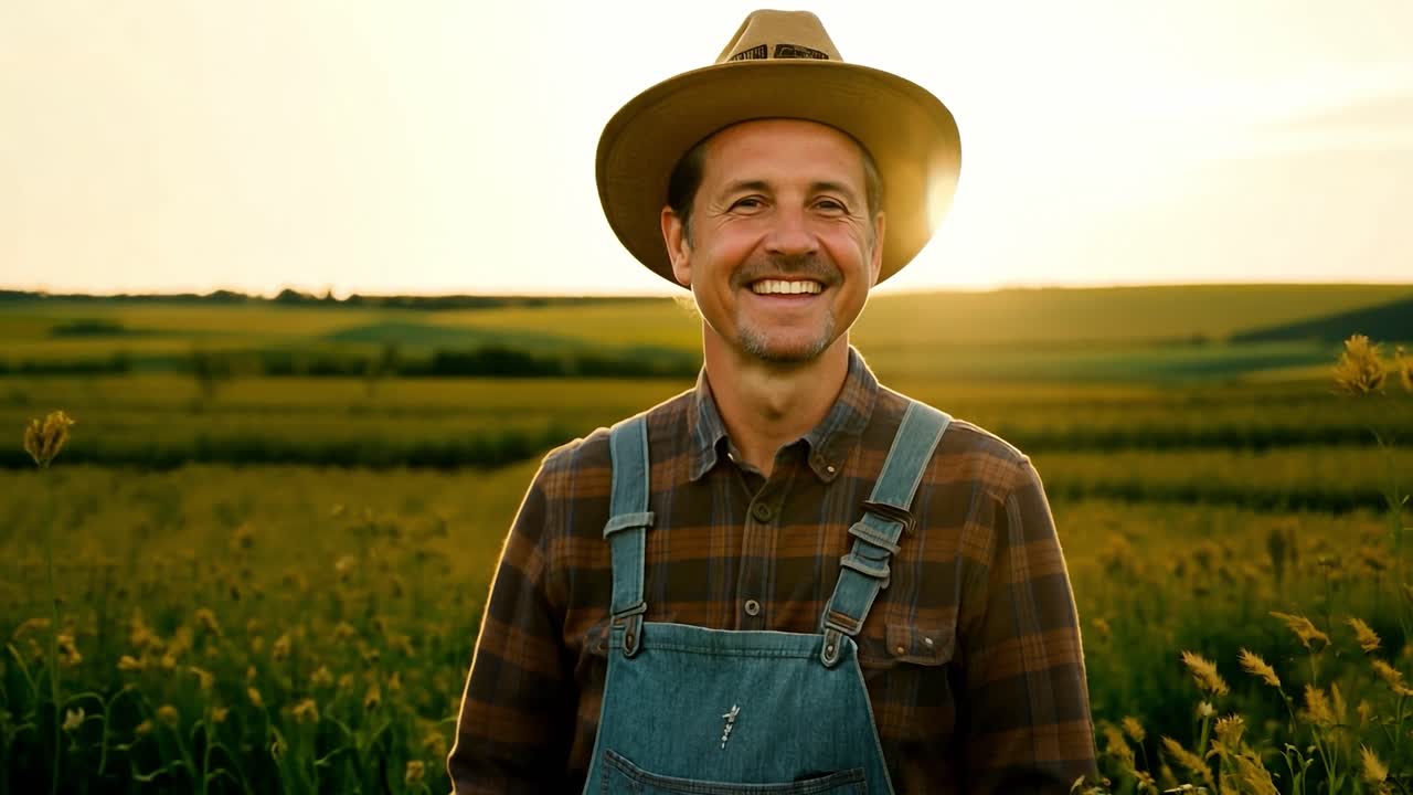 un agricultor feliz en un campo al atardecer