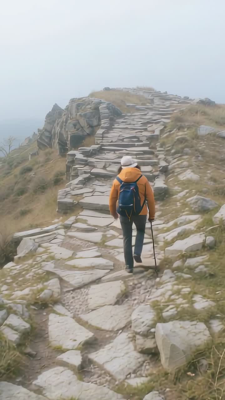 Vídeo vertical: caminhante de casaco laranja pisando em caminho de pedra e caminhando com bastão em direção ao afloramento