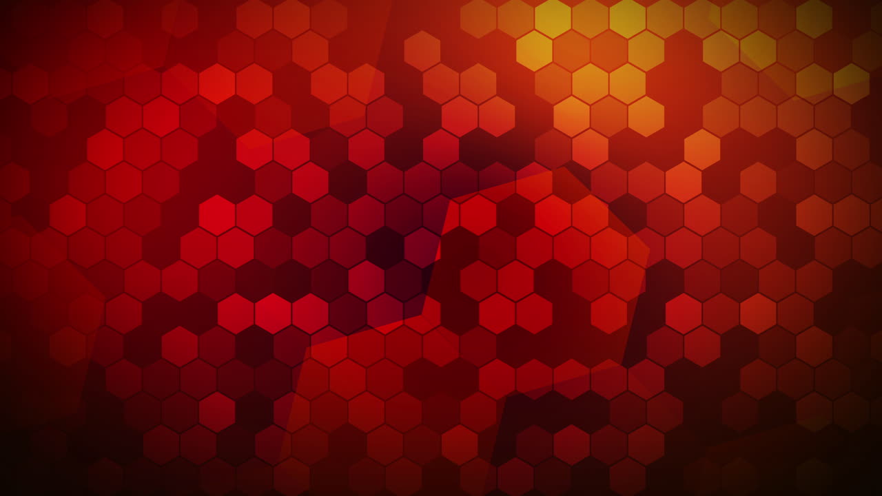 Red mosaic background of shimmering hexagons. Geometric abstract looping background. Flashing figures.