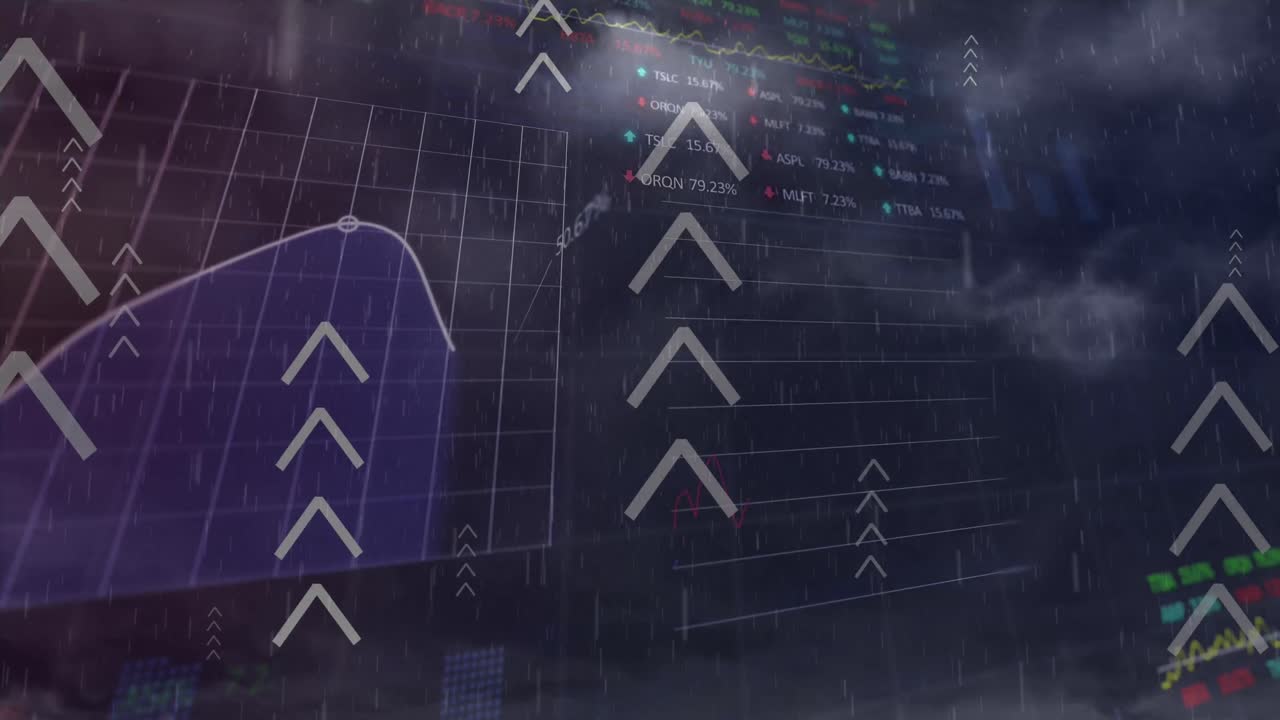 animación del procesamiento de datos financieros y tormenta.