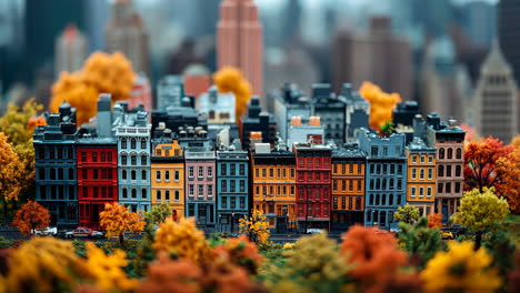 colorful miniature city scene with autumn trees and skyline backdrop