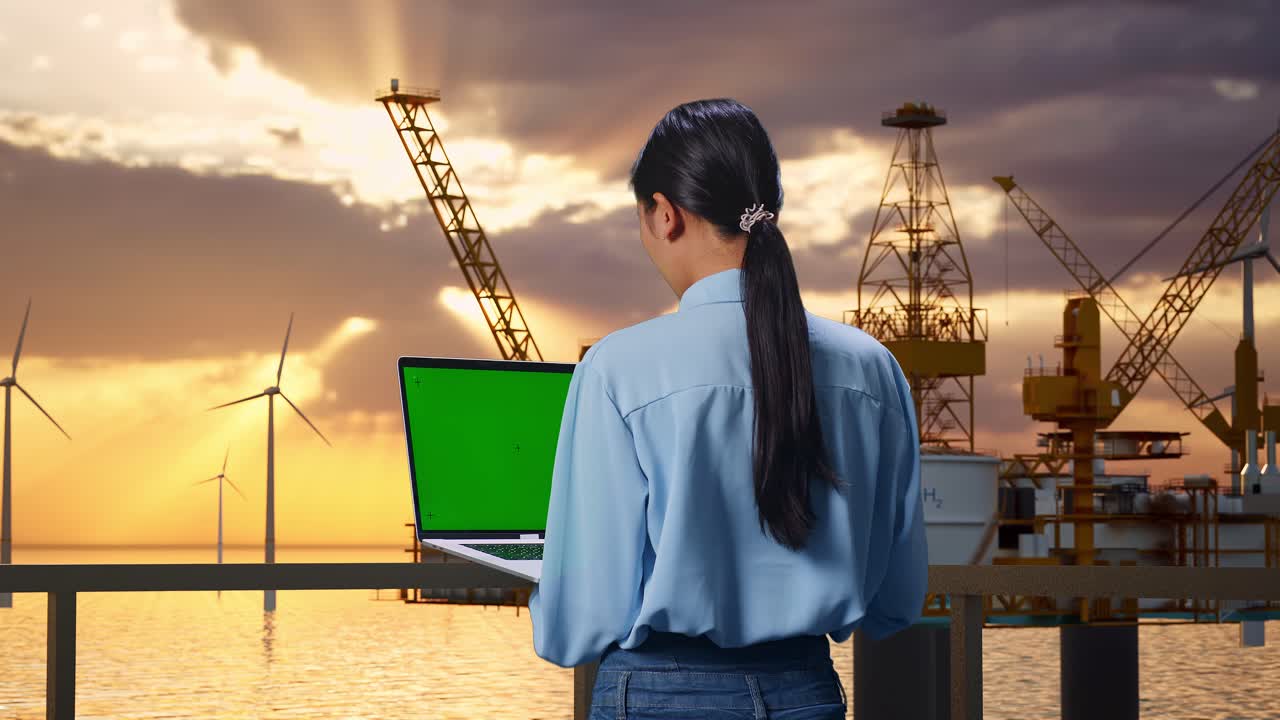 아시아 여성 전문 노동자가 해상 수소 생산, 하이테크 산업 시설, 녹색 화면으로 노트북 키보드에 타이핑하고 공장을 한 번 보십시오.