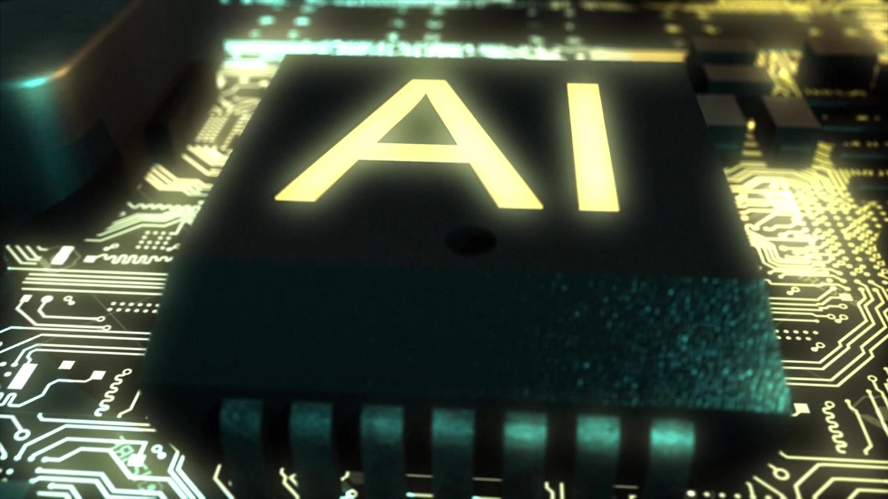 Stunning high quality CGI left-to-right fly through of an integrated circuit board featuring a reveal of an AI chip with yellow glowing text and bright glowing gold circuits