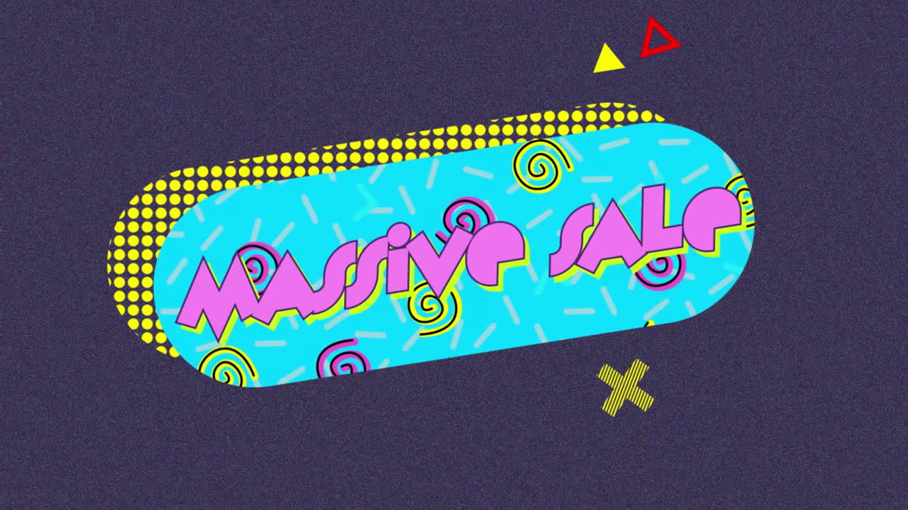 animación de texto de venta masiva en burbuja de habla retro con formas abstractas