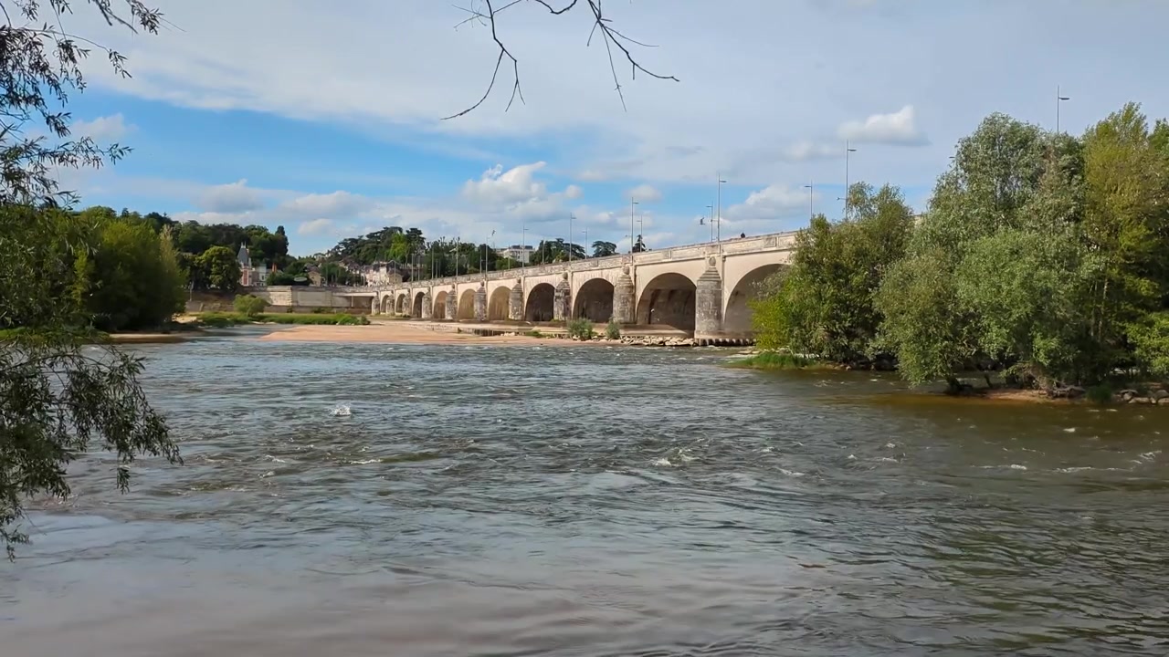 Splendida vista aerea con drone dello storico Pont Wilson, un antico ponte ad arco in pietra che attraversa il maestoso fiume Loira nella città di Tours, in Francia