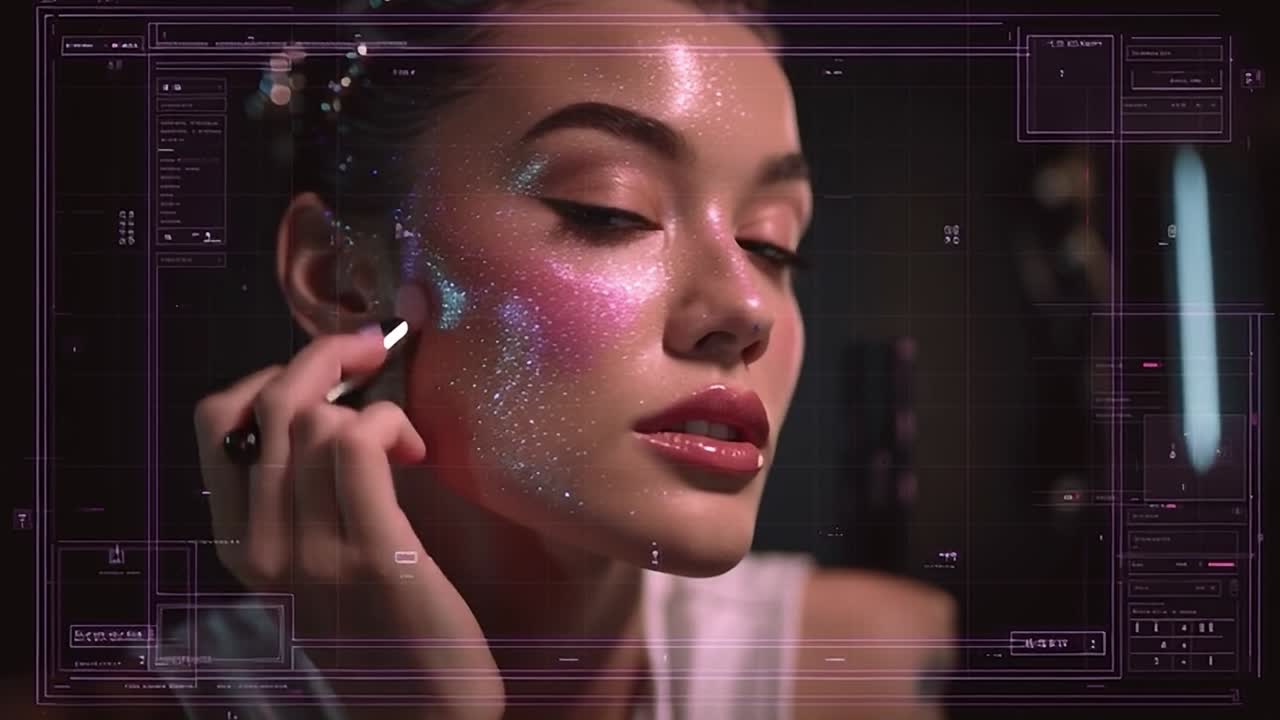 Glitter makeup application with digital effects during a nighttime setting