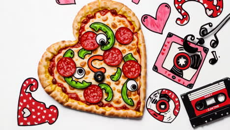 heart-shaped pizza with love and music doodles