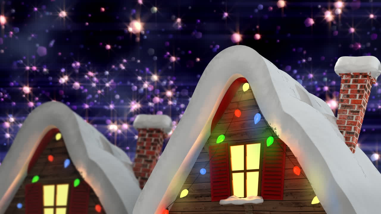 요정의 불빛으로 집 위에 내리는 눈의 애니메이션