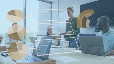 animation of financial data processing over diverse business people working in office