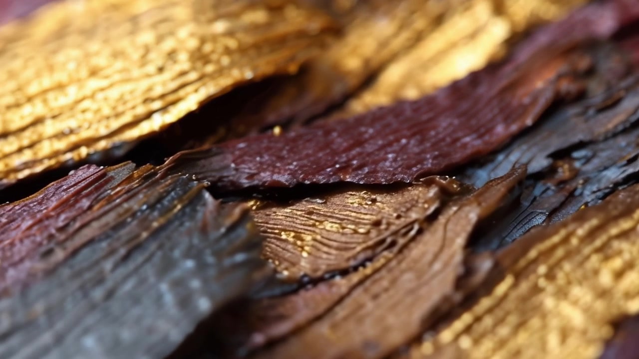 Macro-opname van glinsterende goud- en roodkleurige abstracte verftextuur