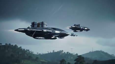 a fleet of futuristic spacecraft maneuvering through a stormy sky amidst rolling hills and dense trees, capturing the essence of advanced technology in motion