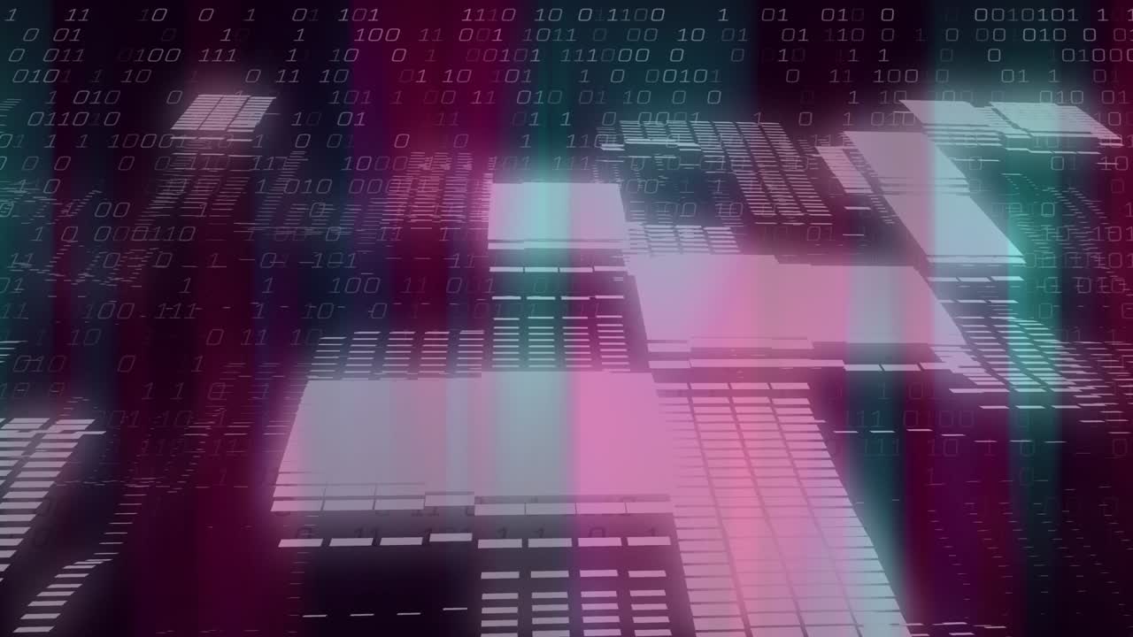 Camera pulling back glowing tiles pulsing and stacking as teal beams rising forming neon grid