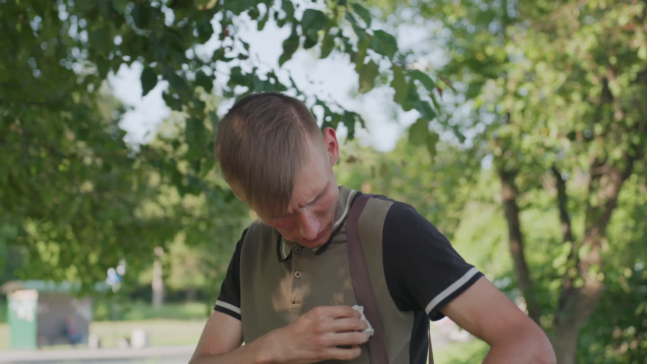 Young Man In Park Checking Bag Strap And Scanning Surroundings, Fidgeting With Shoulder Strap, Sunlight Through Trees, Tense Posture, Hesitant Glances, Summer Walk, Closeup Of Hands And Face, Subtle