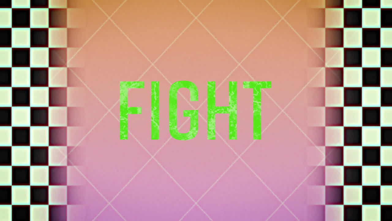 Green FIGHT text over animation with geometric pattern and gradient background