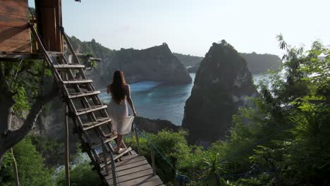 woman walking up steps of rumah pohon tree house looks at thousand islands