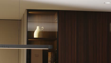 modern interior with wooden wall shelf and white vase display