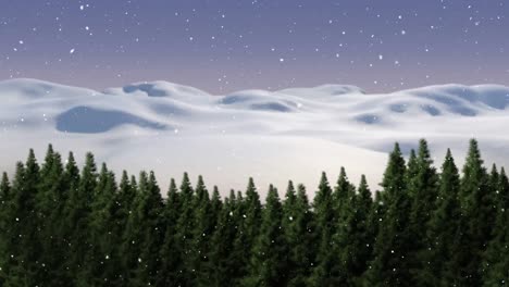 animation of snow falling over fir trees and glowing stars on blue sky