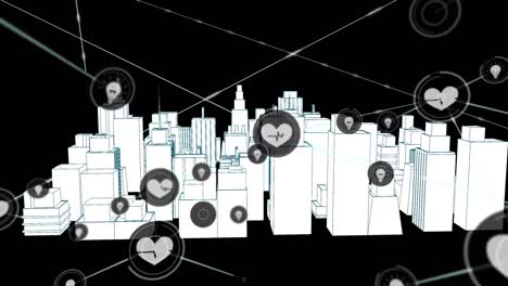 animation of network of connections with icons over 3d city drawing