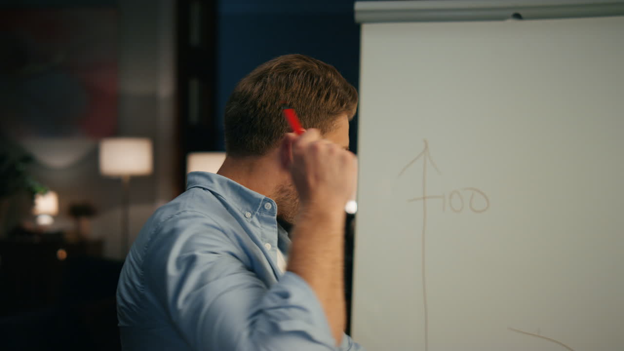 Sales manager pointing whiteboard in remote workplace. Guy explaining strategy