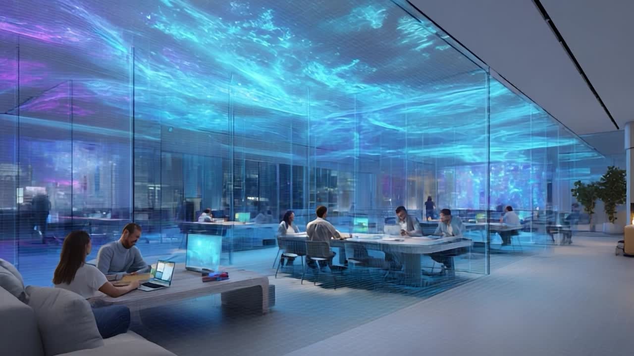 Moderne kontormiljø med digitale skjermer om natten